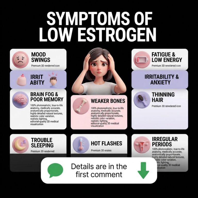 Infographic showing nine symptoms of low estrogen with a distressed female figure at the center Symptoms include Mood Sw