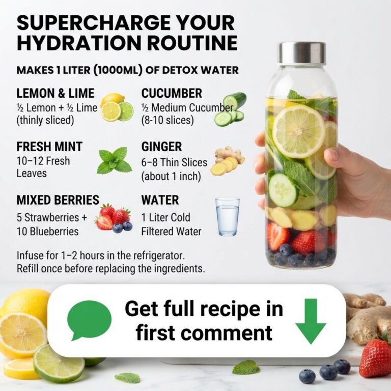 A clear glass water bottle filled with sliced cucumber lemon lime fresh mint leaves sliced strawberries blueberries and