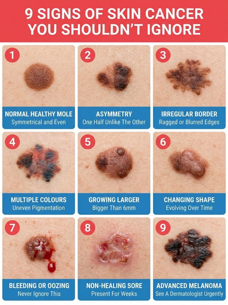 An infographic titled 9 SIGNS OF SKIN CANCER YOU SHOULDN T IGNORE displaying nine different close-up images of moles or