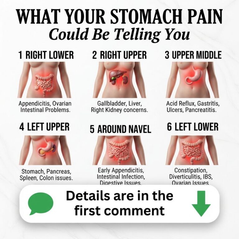 An infographic showing a human torso divided into six abdominal regions with internal organs highlighted in red for each