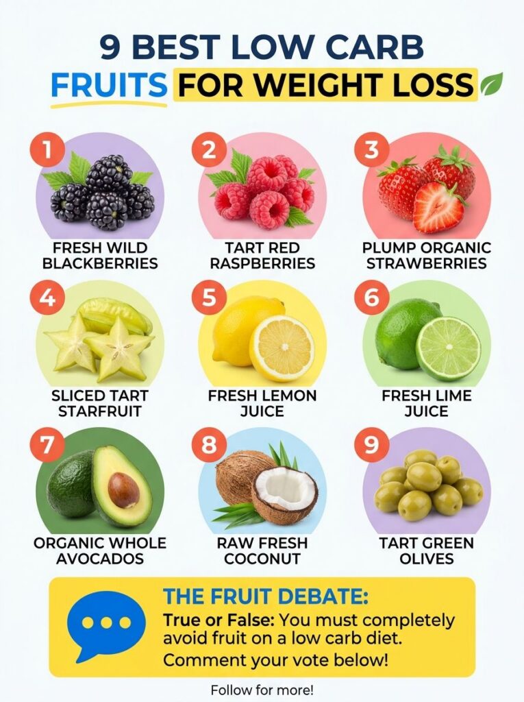 Infographic titled 9 BEST LOW CARB FRUITS FOR WEIGHT LOSS displaying images of blackberries raspberries strawberries sta
