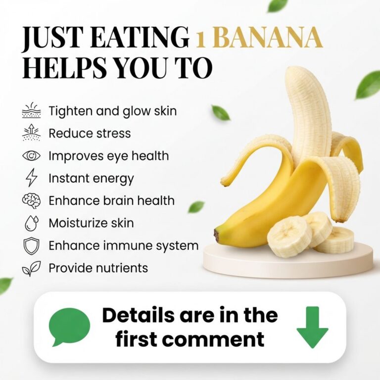 A perfectly peeled yellow banana on a white pedestal with slices of banana in front surrounded by green leaves against a