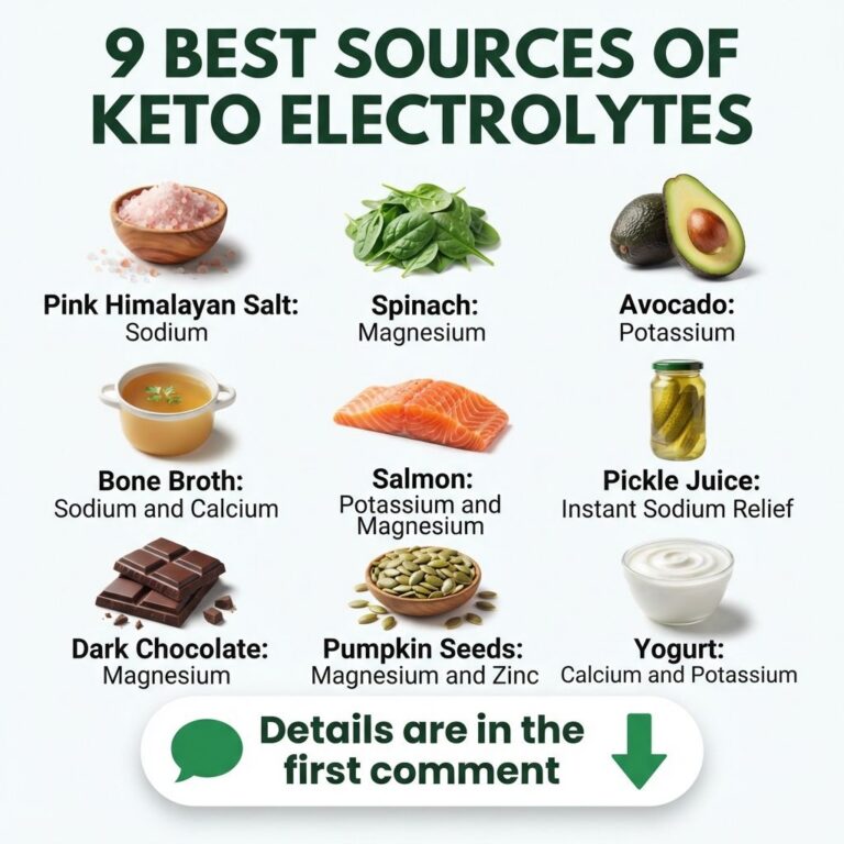 A visually appealing infographic titled 9 BEST SOURCES OF KETO ELECTROLYTES featuring a 3x3 grid of various keto-friendl