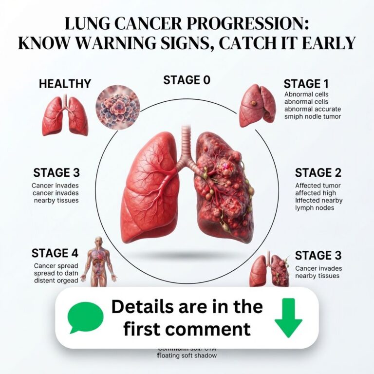 An infographic depicting the stages of lung cancer progression showing healthy lungs then stages 0 through 4 with diseas
