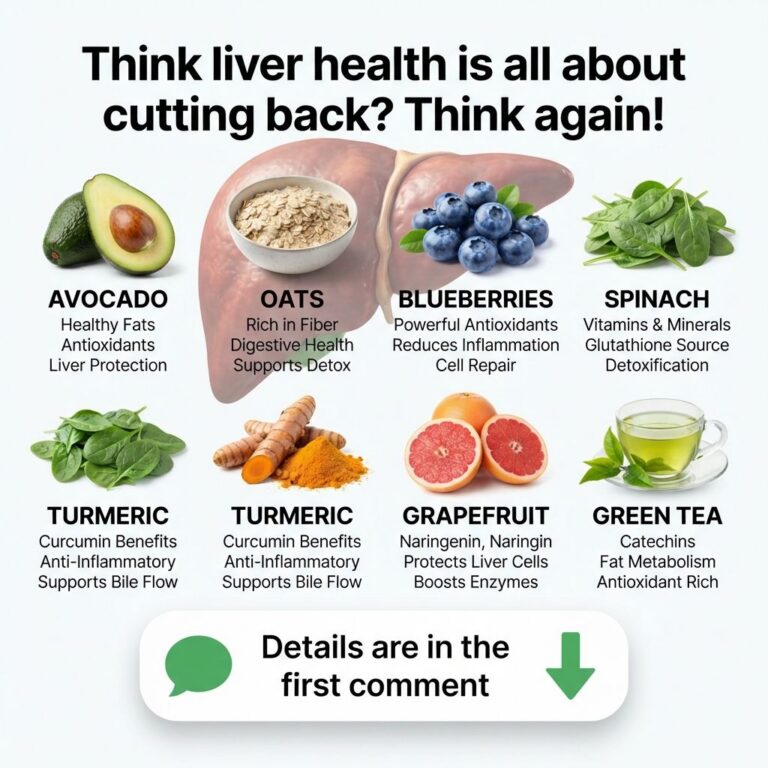 An infographic showing a human liver surrounded by seven beneficial foods avocado oats blueberries spinach turmeric grap