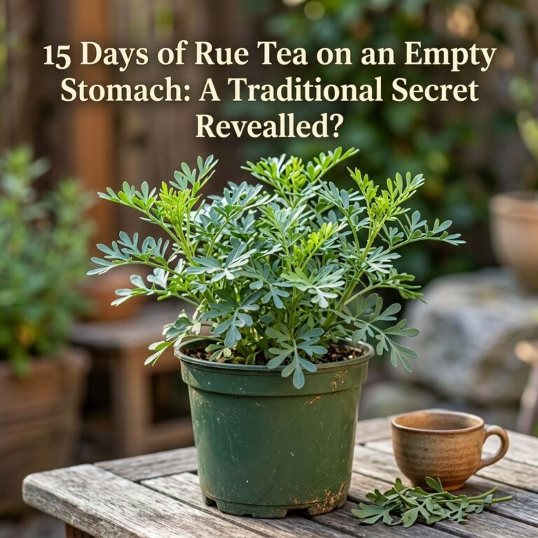 A potted Rue plant with blue-green leaves next to a teacup and fresh Rue sprigs on a rustic wooden table in a soft garde