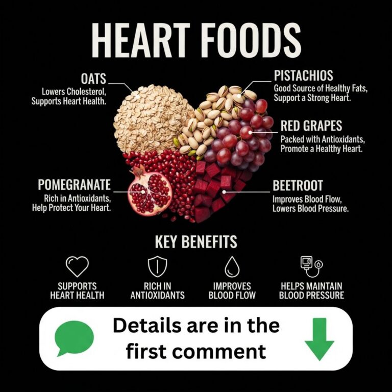 Infographic showing a heart made of oats pistachios red grapes pomegranate and beetroot with labels for each food s bene