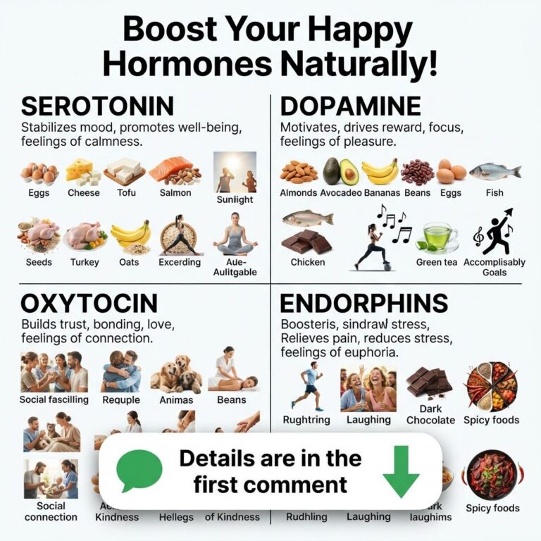An infographic summarizing four happy hormones Serotonin Dopamine Oxytocin Endorphins and their natural activators like