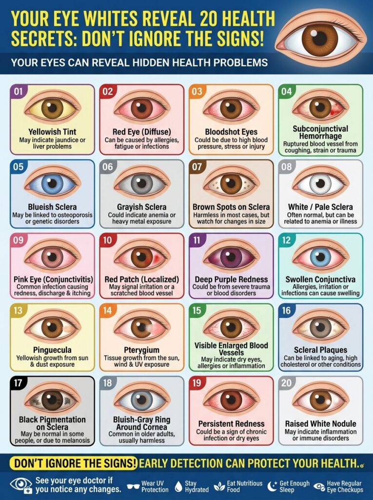 A comprehensive health infographic titled YOUR EYE WHITES REVEAL 20 HEALTH SECRETS DON T IGNORE THE SIGNS showcasing 20