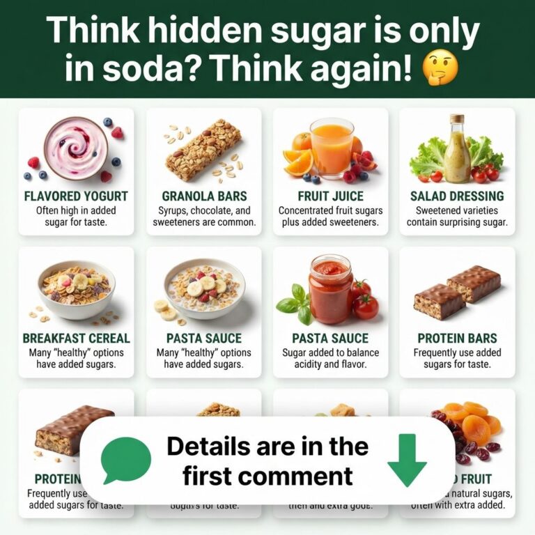 A grid of various healthy food items like yogurt granola bars juice and cereal with text indicating hidden sugars