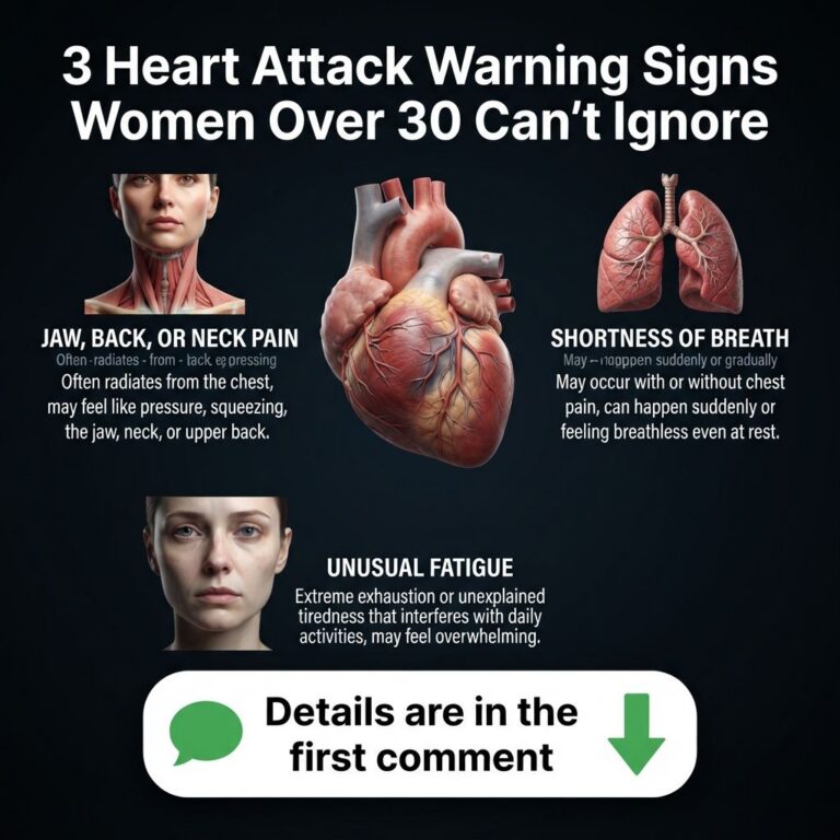 Infographic showing three heart attack warning signs for women over 30 jaw back or neck pain shortness of breath and unu
