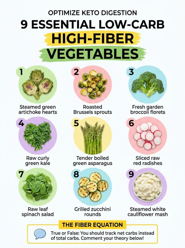 An infographic titled OPTIMIZE KETO DIGESTION 9 ESSENTIAL LOW-CARB HIGH-FIBER VEGETABLES featuring nine photos of differ
