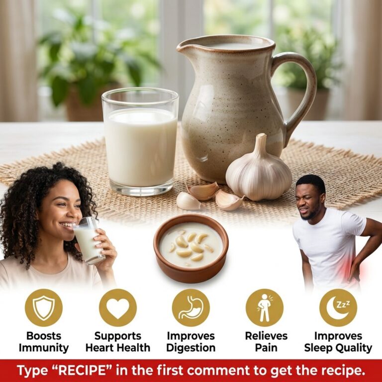 A still-life arrangement of milk and garlic next to a glass of garlic milk with infographic icons depicting benefits lik