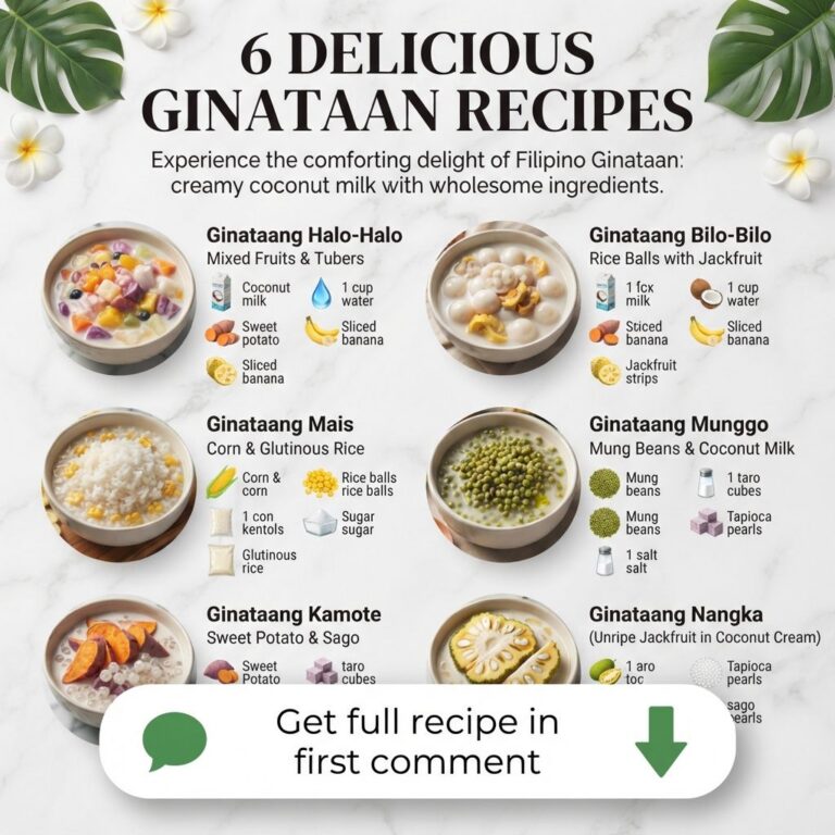 A vibrant spread of six different Ginataan dishes in bowls set on a white marble background with tropical leaves and flo