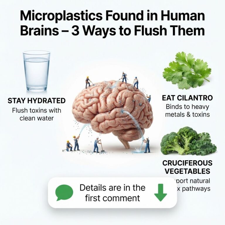 A stylized image showing a human brain with miniature figures flushing microplastics away with water and green vegetable