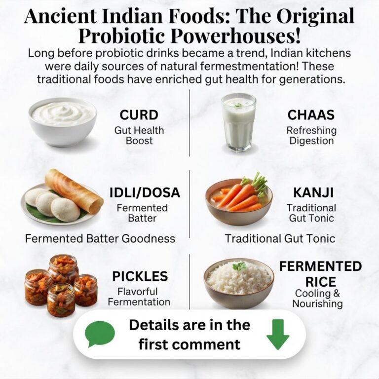 A vibrant infographic titled Ancient Indian Foods The Original Probiotic Powerhouses showcasing six traditional Indian p