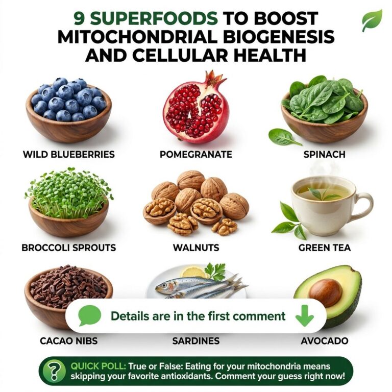 A vibrant flat lay of the nine superfoods mentioned in the article wild blueberries pomegranate spinach broccoli sprouts