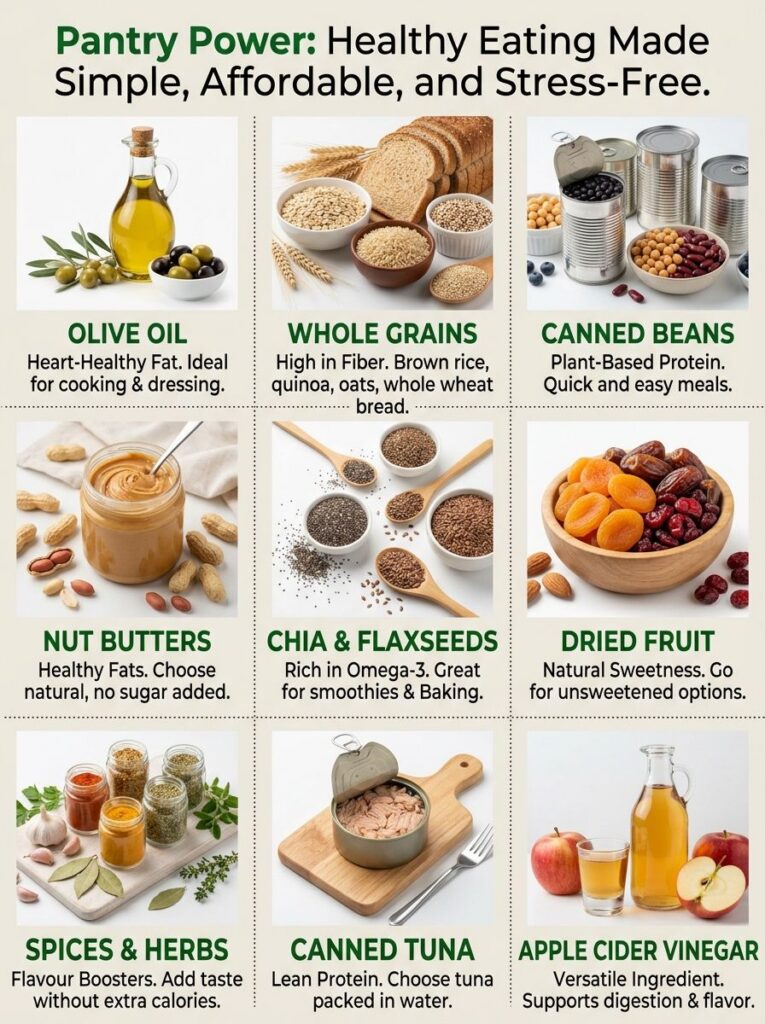 A 3x3 grid infographic titled Pantry Power Healthy Eating Made Simple Affordable and Stress-Free showing various healthy