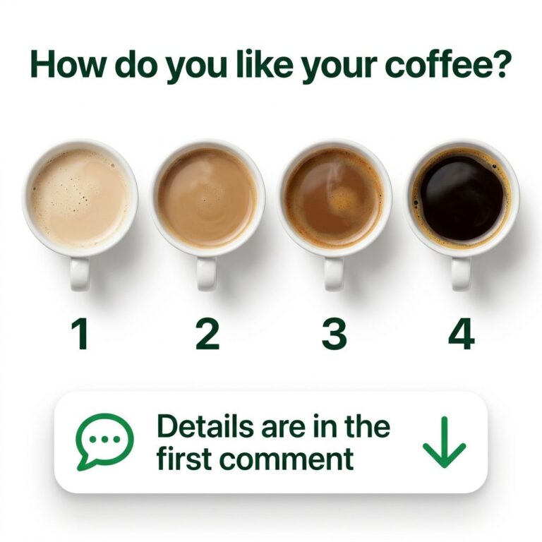 Four white coffee cups arranged horizontally against a white background containing coffee from lightest number 1 to dark