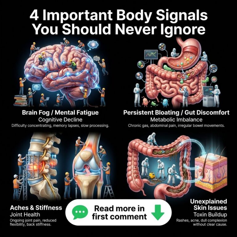An infographic titled 4 Important Body Signals You Should Never Ignore depicting intricate anatomical illustrations of a