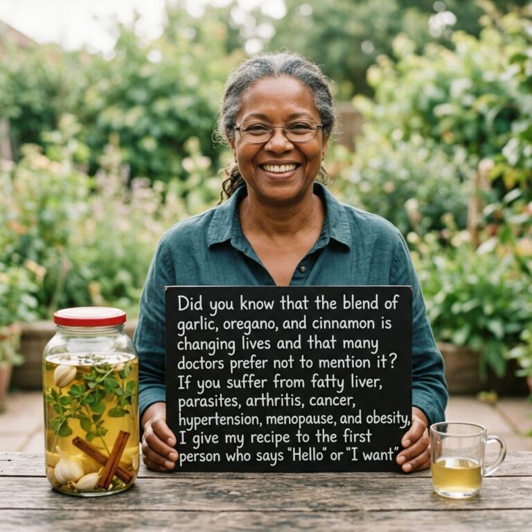 A friendly middle-aged woman smiling behind a rustic wooden table outdoors On the table there s a glass jar with garlic