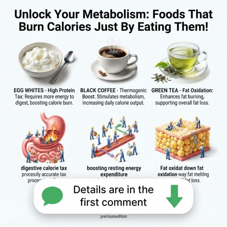 An infographic titled Unlock Your Metabolism Foods That Burn Calories Just By Eating Them showing egg whites black coffe
