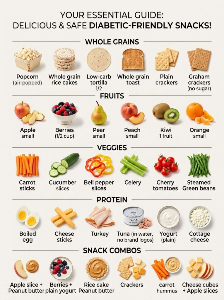 A comprehensive visual guide showing various diabetic-friendly snacks categorized into whole grains fruits veggies prote