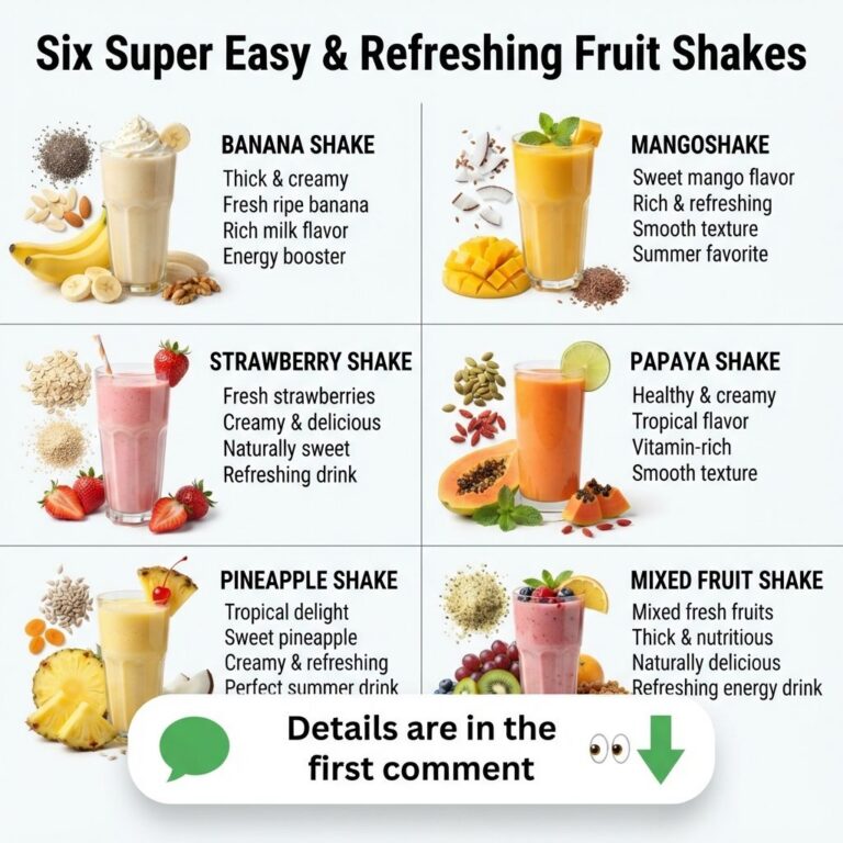 A vibrant infographic displaying six different fruit shake recipes in a 3x2 grid Each shake is in a tall glass surrounde