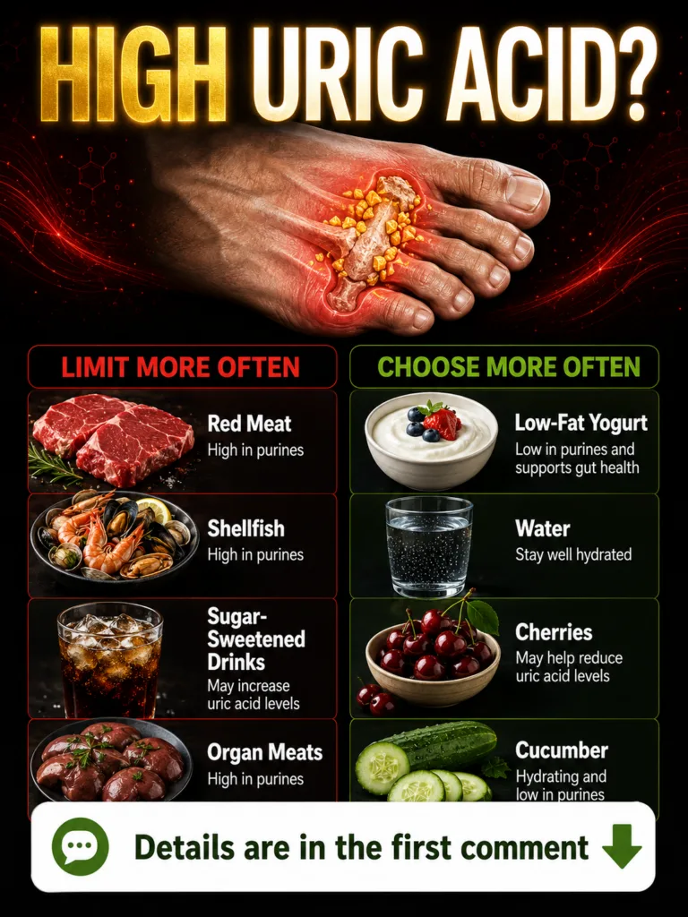 An infographic showing two sections Foods to Limit red meat shellfish sugary drinks organ meats and Foods to Choose low-