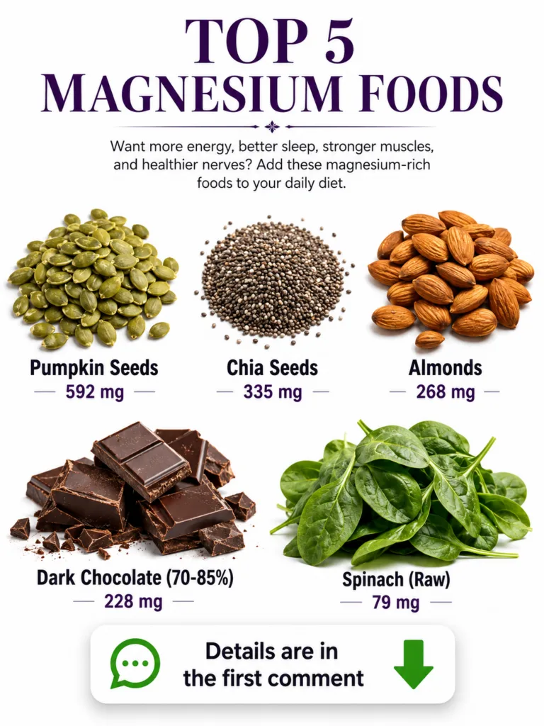 Infographic showing the top 5 magnesium foods pumpkin seeds chia seeds almonds dark chocolate and spinach with their res