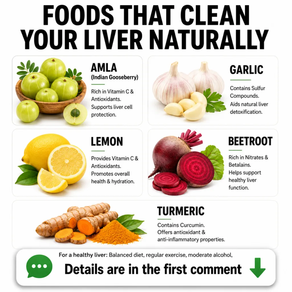 An infographic titled FOODS THAT CLEAN YOUR LIVER NATURALLY featuring Amla Garlic Lemon Beetroot and Turmeric each with 