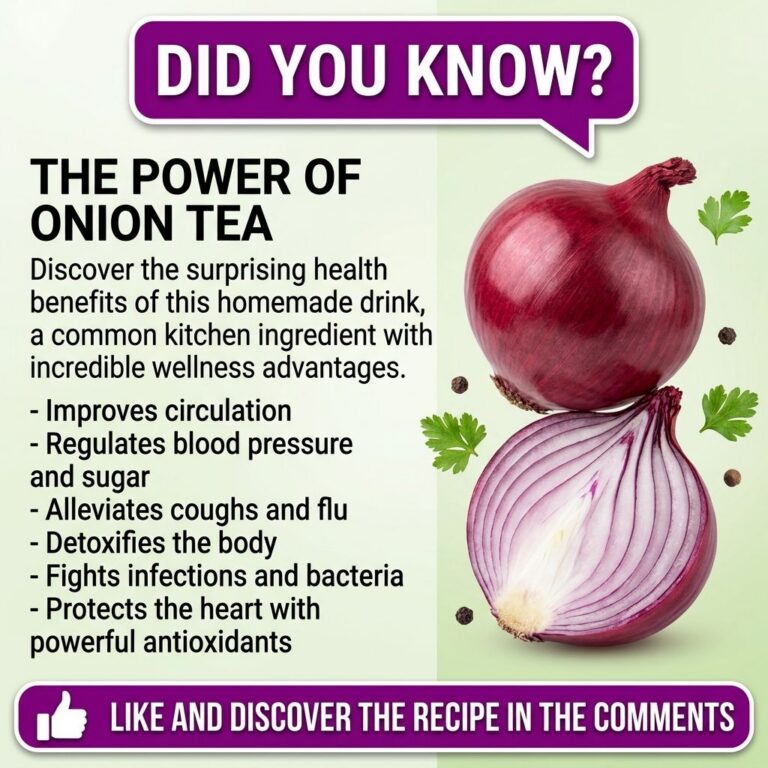 An infographic showing the health benefits of onion tea with vibrant red onions a tea cup and text bubbles listing benef