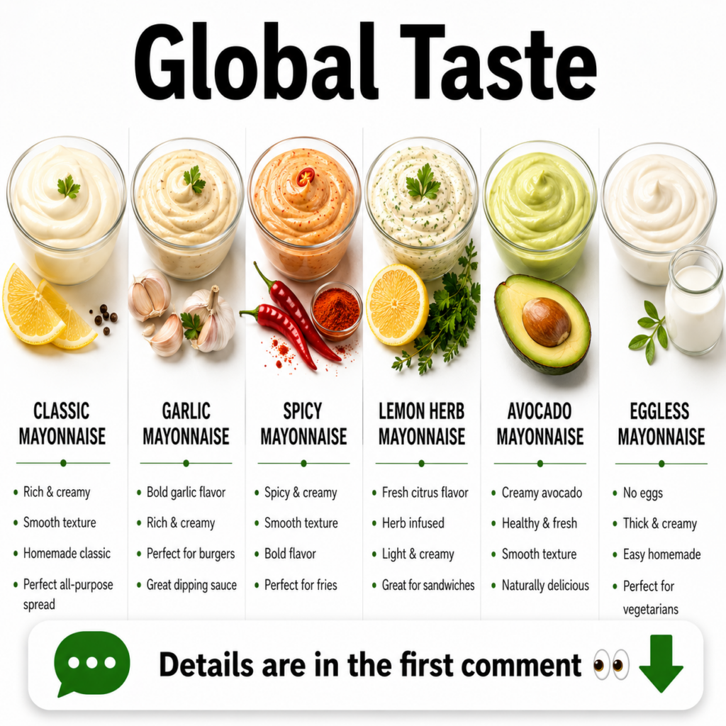 A visual grid showcasing six different types of homemade mayonnaise Classic Garlic Spicy Lemon Herb Avocado Eggless in c