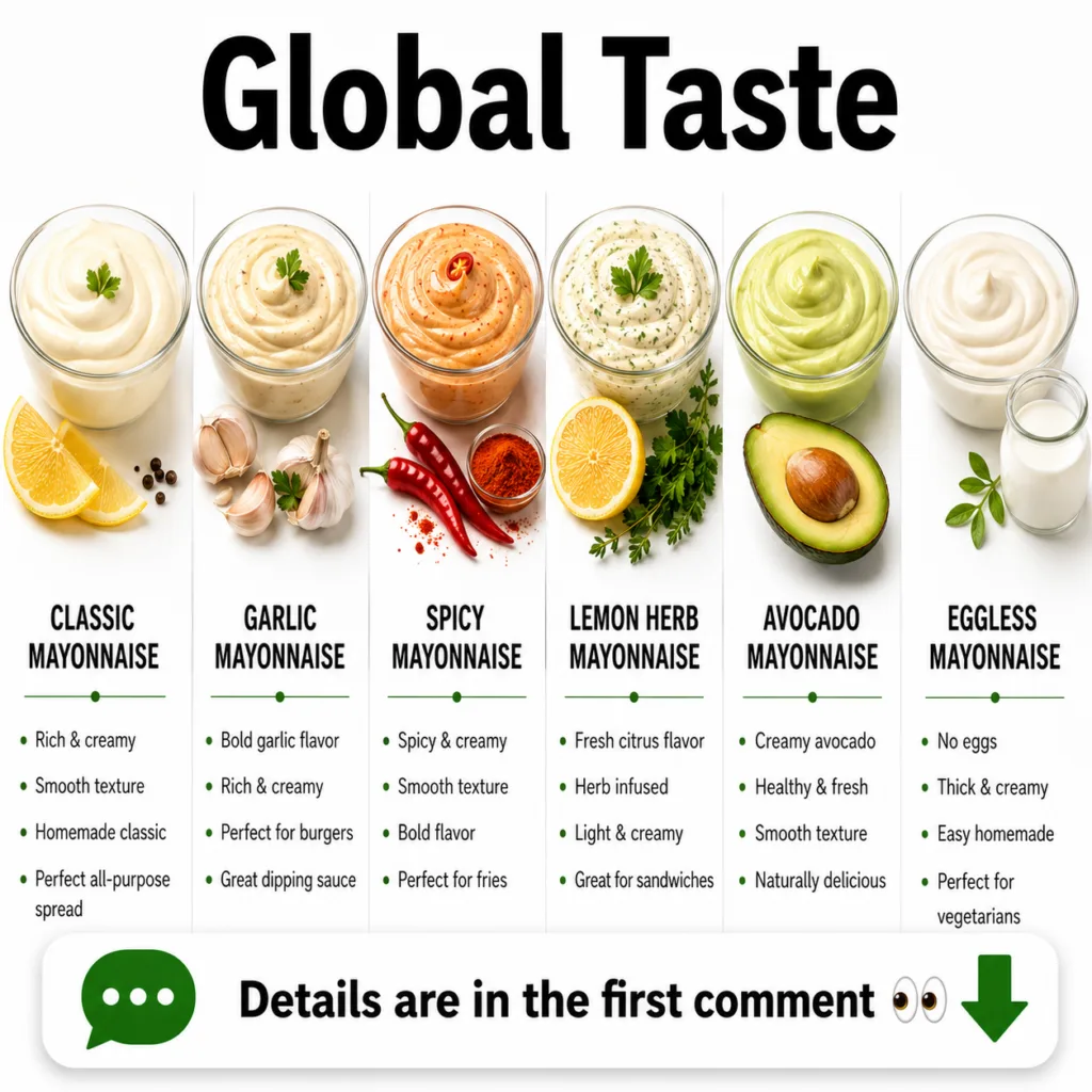 A visual grid showcasing six different types of homemade mayonnaise Classic Garlic Spicy Lemon Herb Avocado Eggless in c
