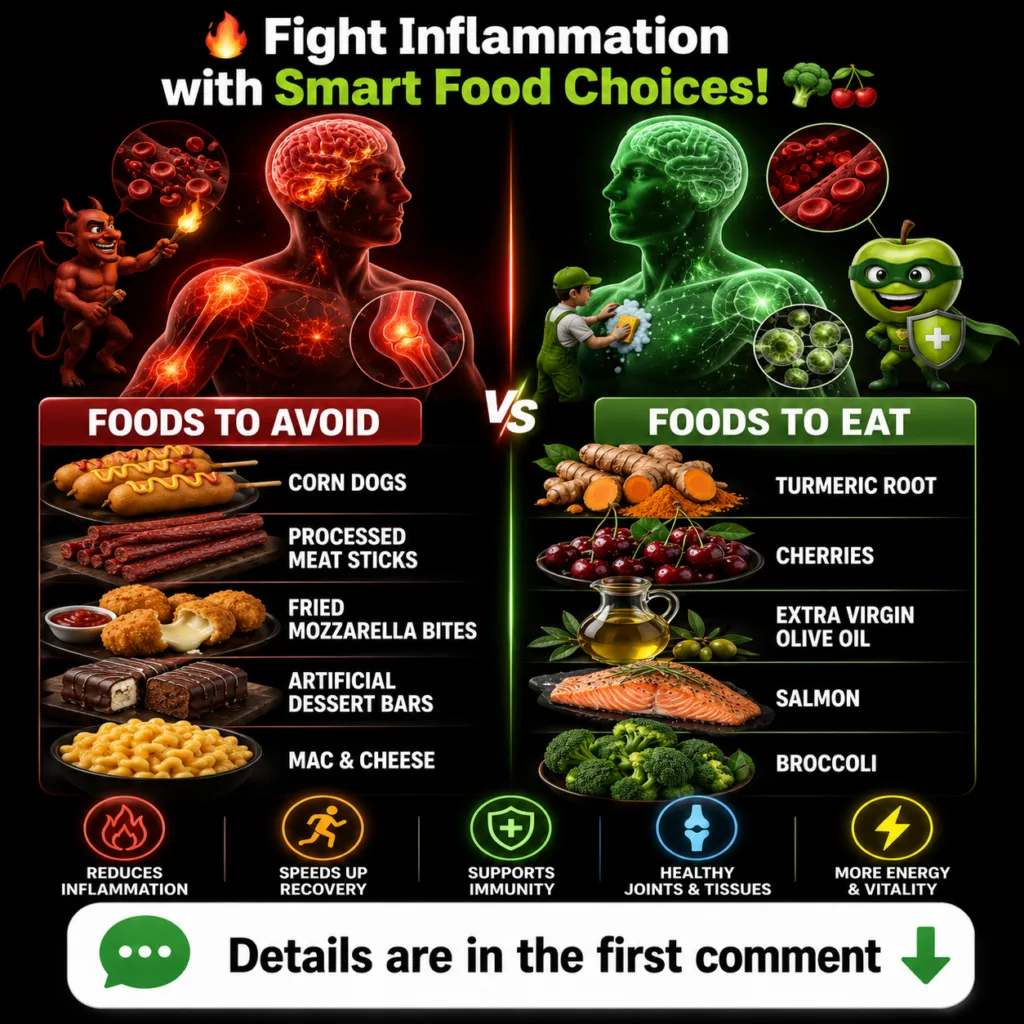 A split infographic showing FOODS TO AVOID on the left processed foods like corn dogs mac cheese fried mozzarella with a