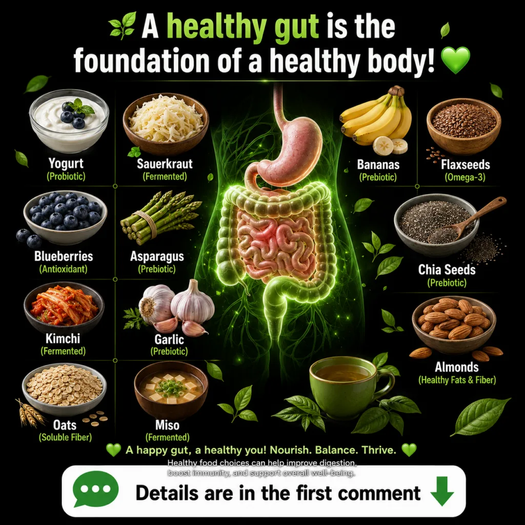 An infographic featuring a central glowing human digestive system surrounded by a grid of various gut-healthy foods like
