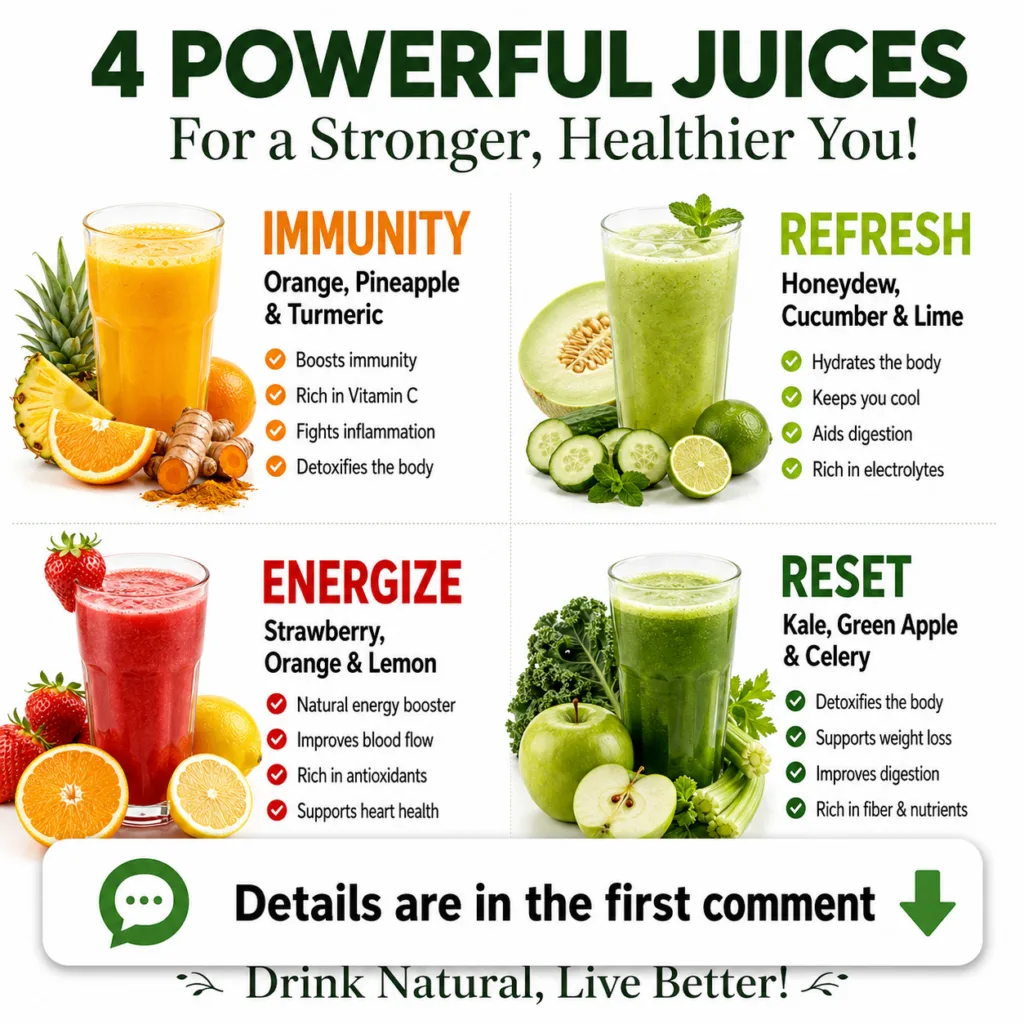 An infographic titled 4 Powerful Juices for a Stronger Healthier You showing four distinct juice blends IMMUNITY Orange 