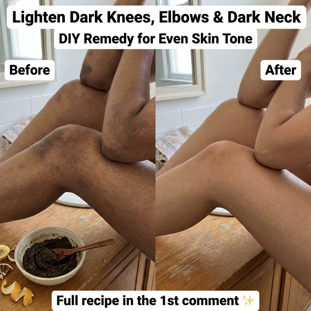 Before and after showing lighter skin on knees and elbows with a bowl of natural scrub and citrus peels