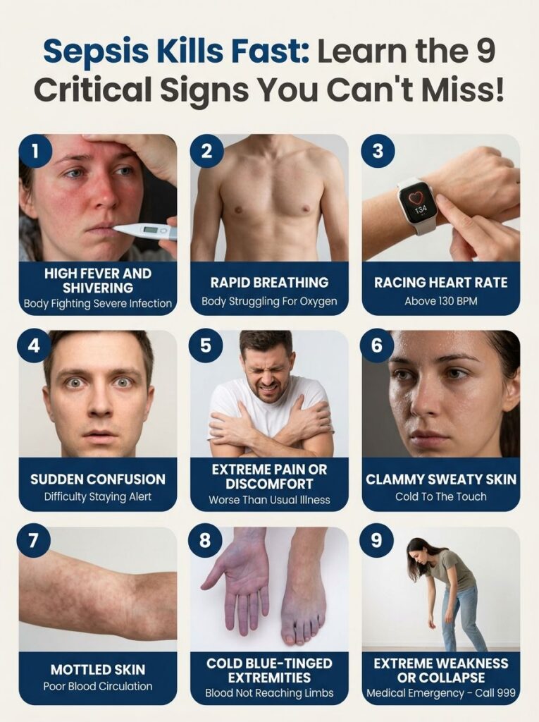 An infographic titled Sepsis Kills Fast Learn the 9 Critical Signs You Can t Miss showing nine distinct symptoms of seps