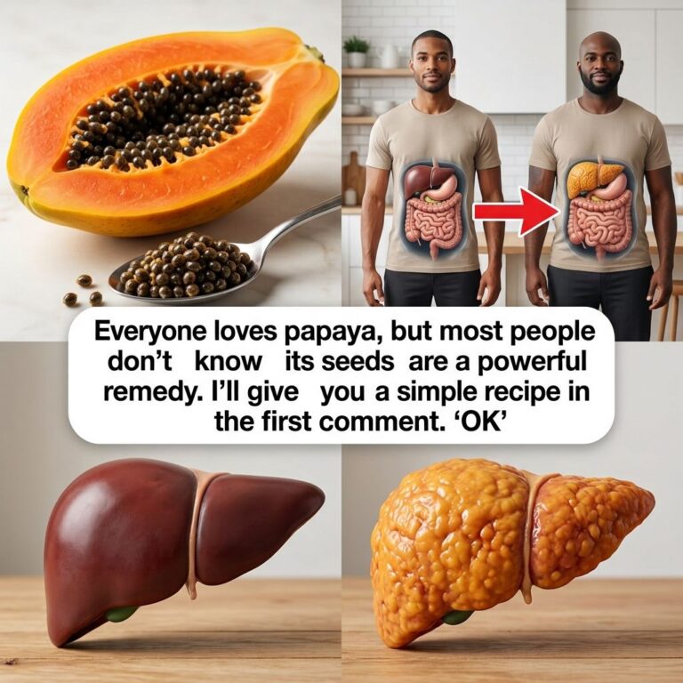 A vibrant half of a papaya with dark seeds next to a spoon overflowing with papaya seeds Also shows illustrations contra