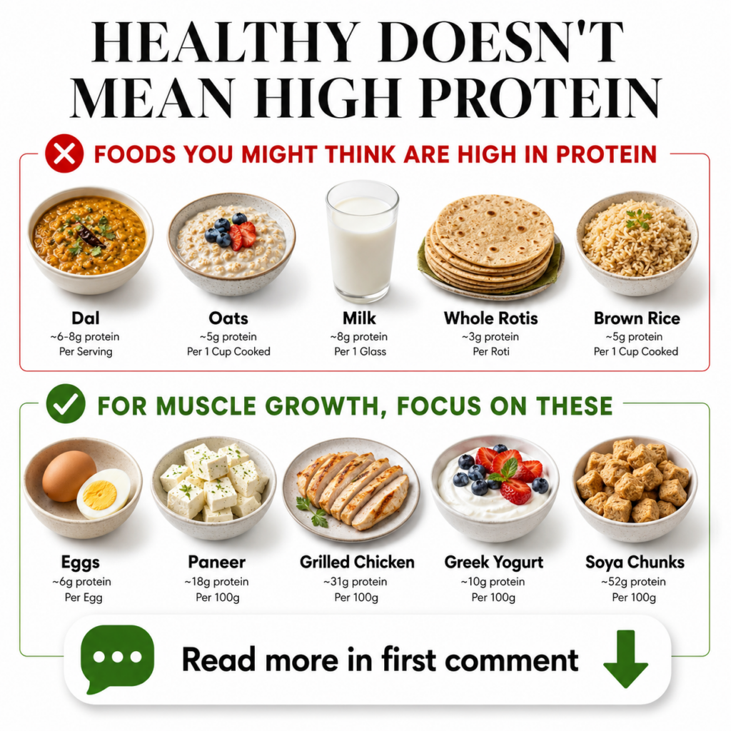An infographic comparing foods commonly thought to be high in protein versus foods that are genuinely high in protein fo
