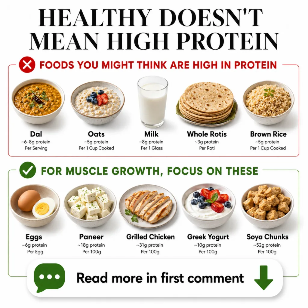 An infographic comparing foods commonly thought to be high in protein versus foods that are genuinely high in protein fo