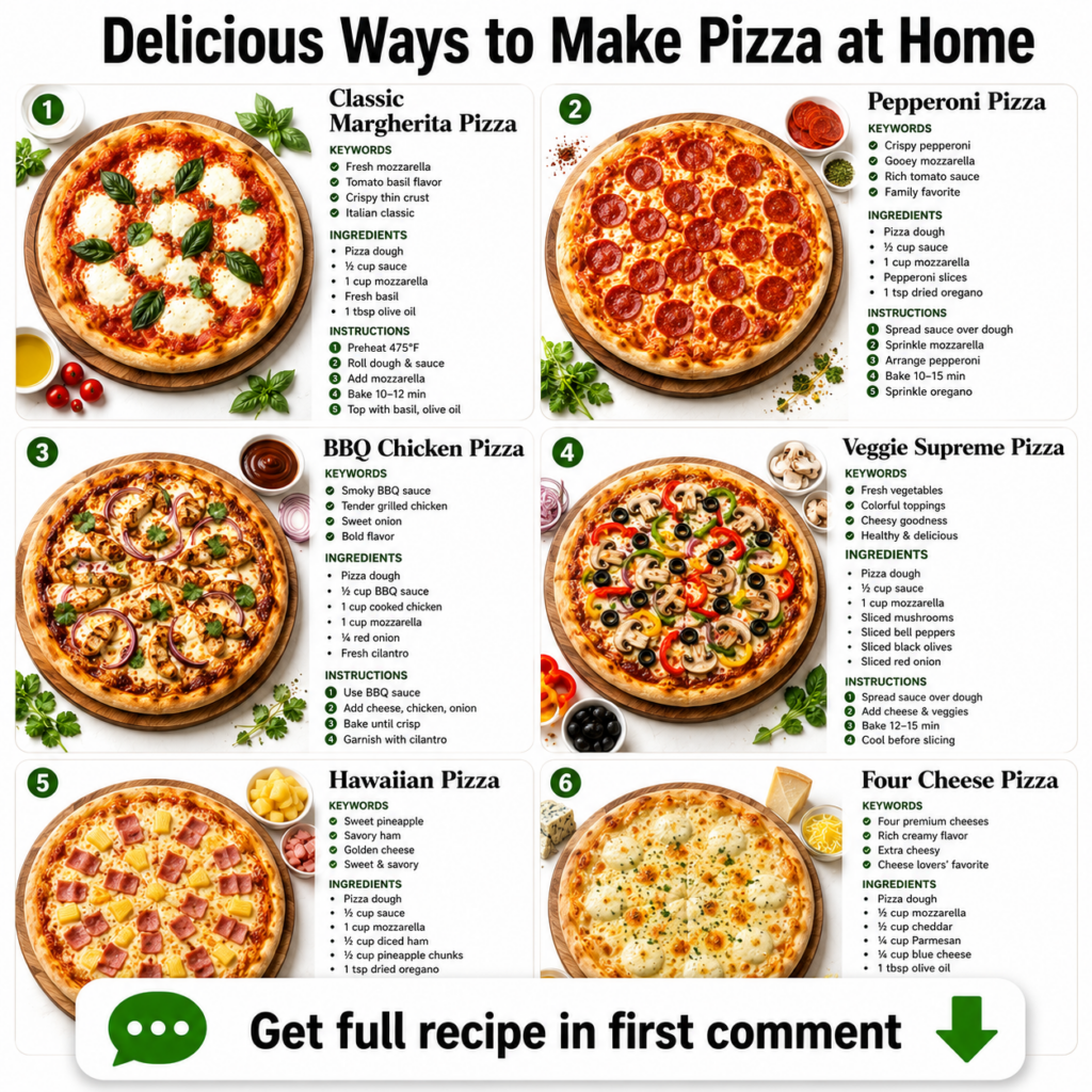 An infographic showing six different types of homemade pizzas arranged in a grid with their names keywords ingredients a