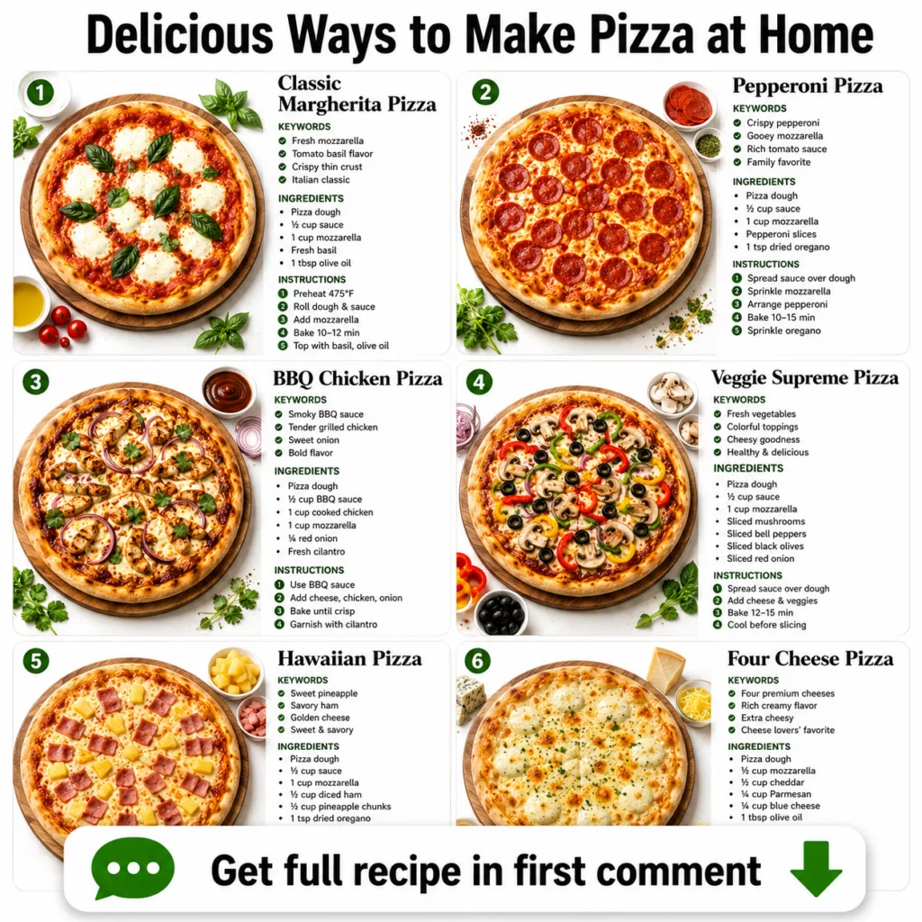 An infographic showing six different types of homemade pizzas arranged in a grid with their names keywords ingredients a