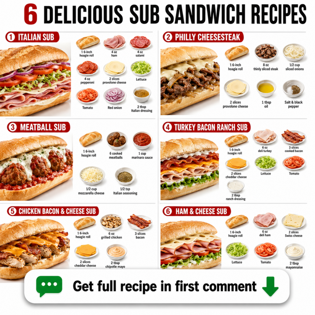 A vibrant infographic displaying 6 different sub sandwich recipes Italian Philly Cheesesteak Meatball Turkey Bacon Ranch