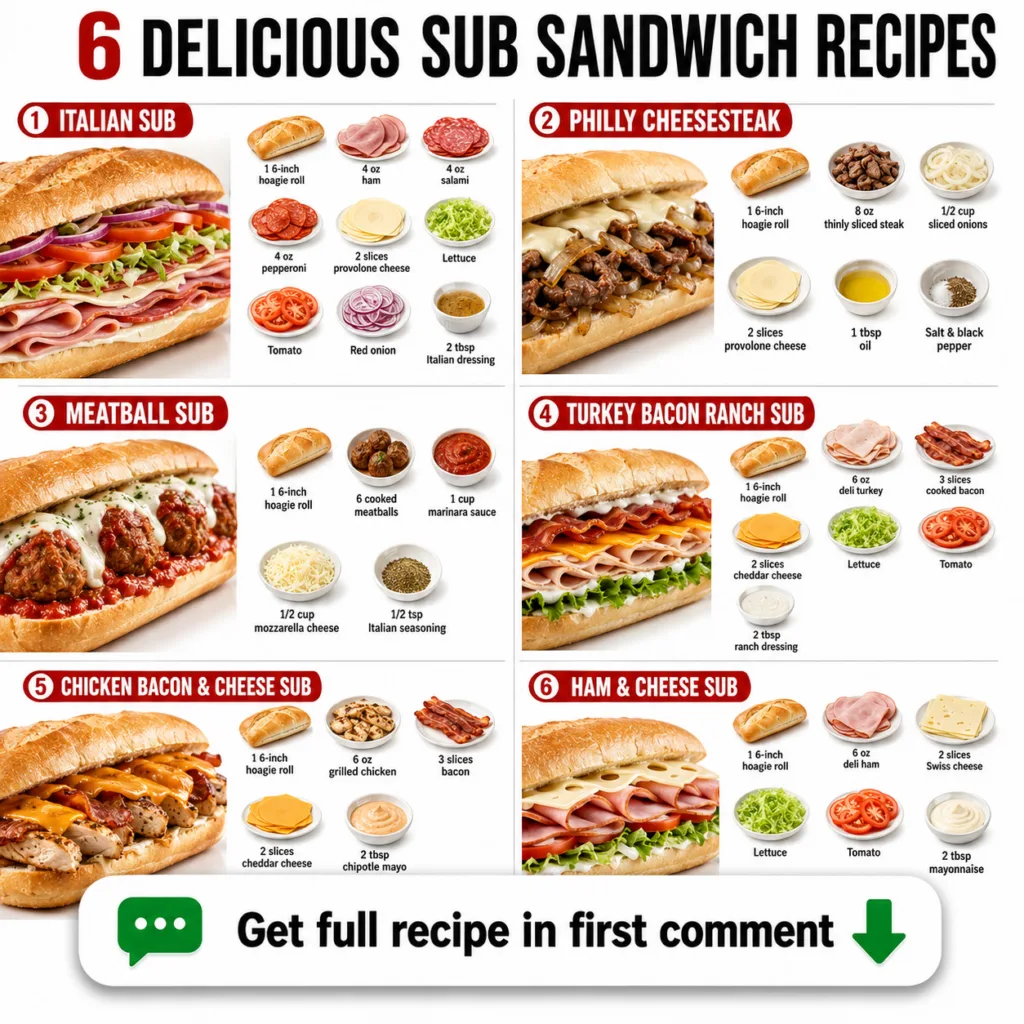 A vibrant infographic displaying 6 different sub sandwich recipes Italian Philly Cheesesteak Meatball Turkey Bacon Ranch