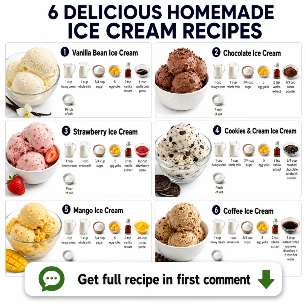 A grid layout showcasing six different flavors of homemade ice cream Vanilla Bean Chocolate Strawberry Cookies Cream Man