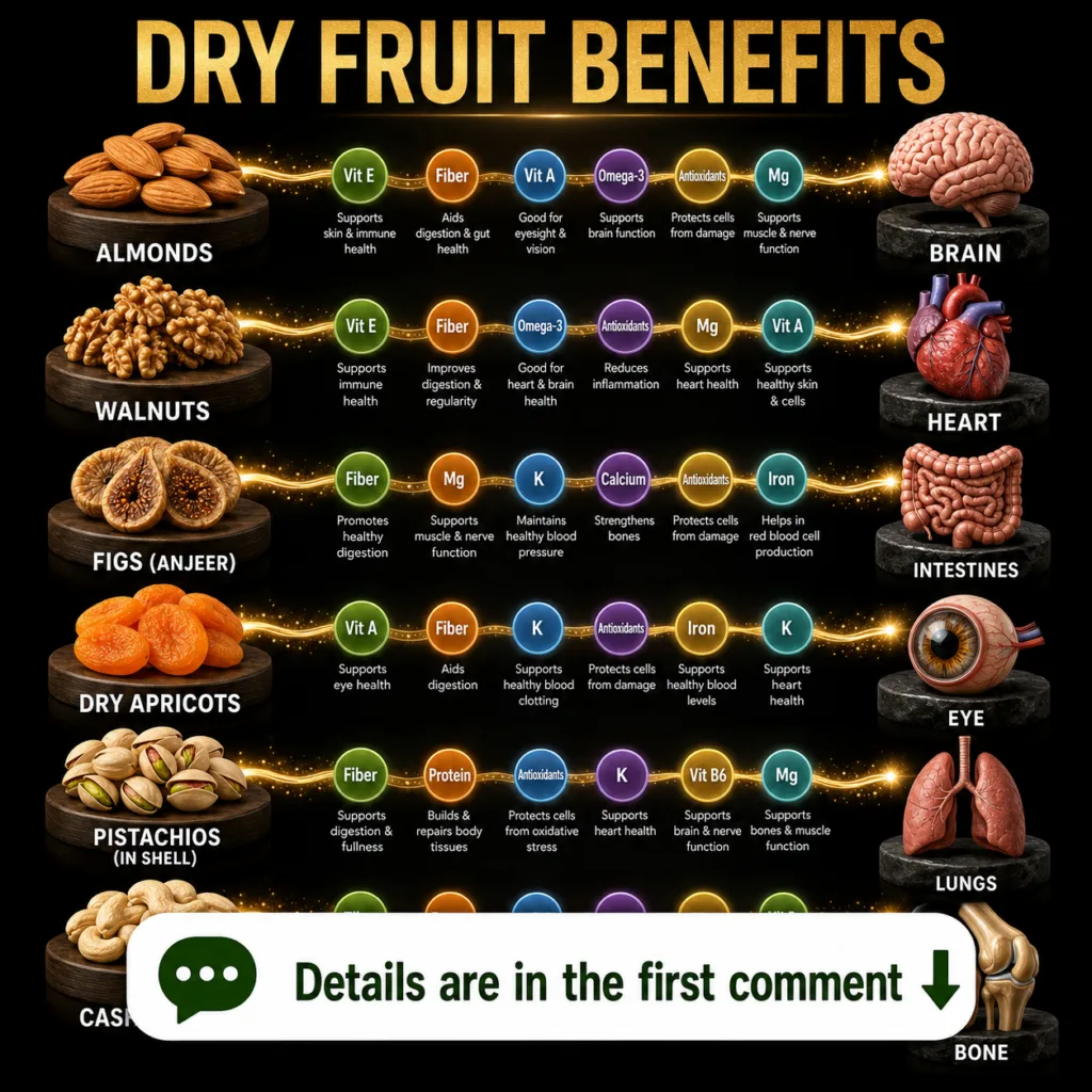 An infographic titled DRY FRUIT BENEFITS illustrating almonds walnuts figs dry apricots pistachios and cashews linked vi