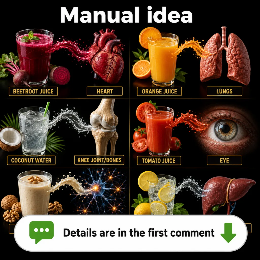 An infographic featuring six healthy drinks beetroot juice orange juice coconut water tomato juice walnut shake lemon wa
