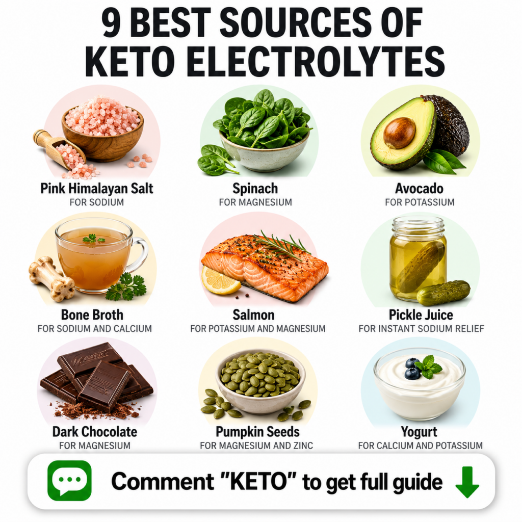 A graphic showing 9 different keto-friendly foods each labeled with its name and the electrolytes it provides arranged i